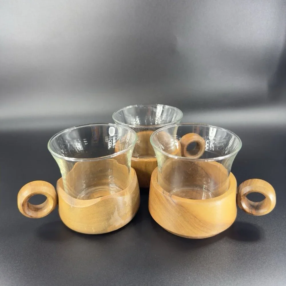 Vintage Jena Glass Mug with Wooden Holder Insert Set 3 Round Handle Wood Insert‎